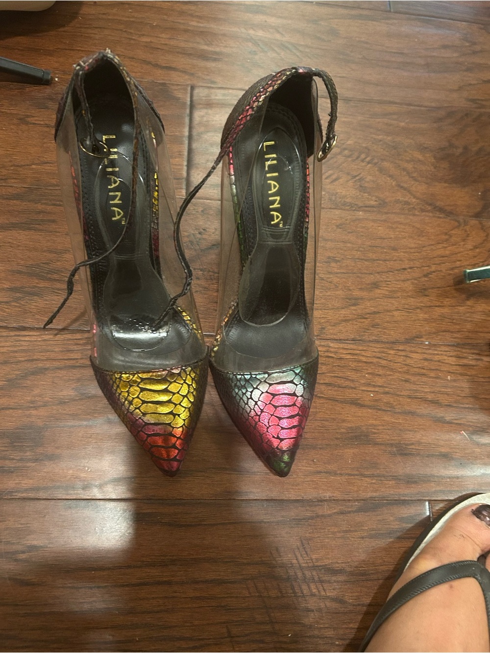 Liliana Multicolor Snake-Embossed Ankle-Strap Pointed Pumps